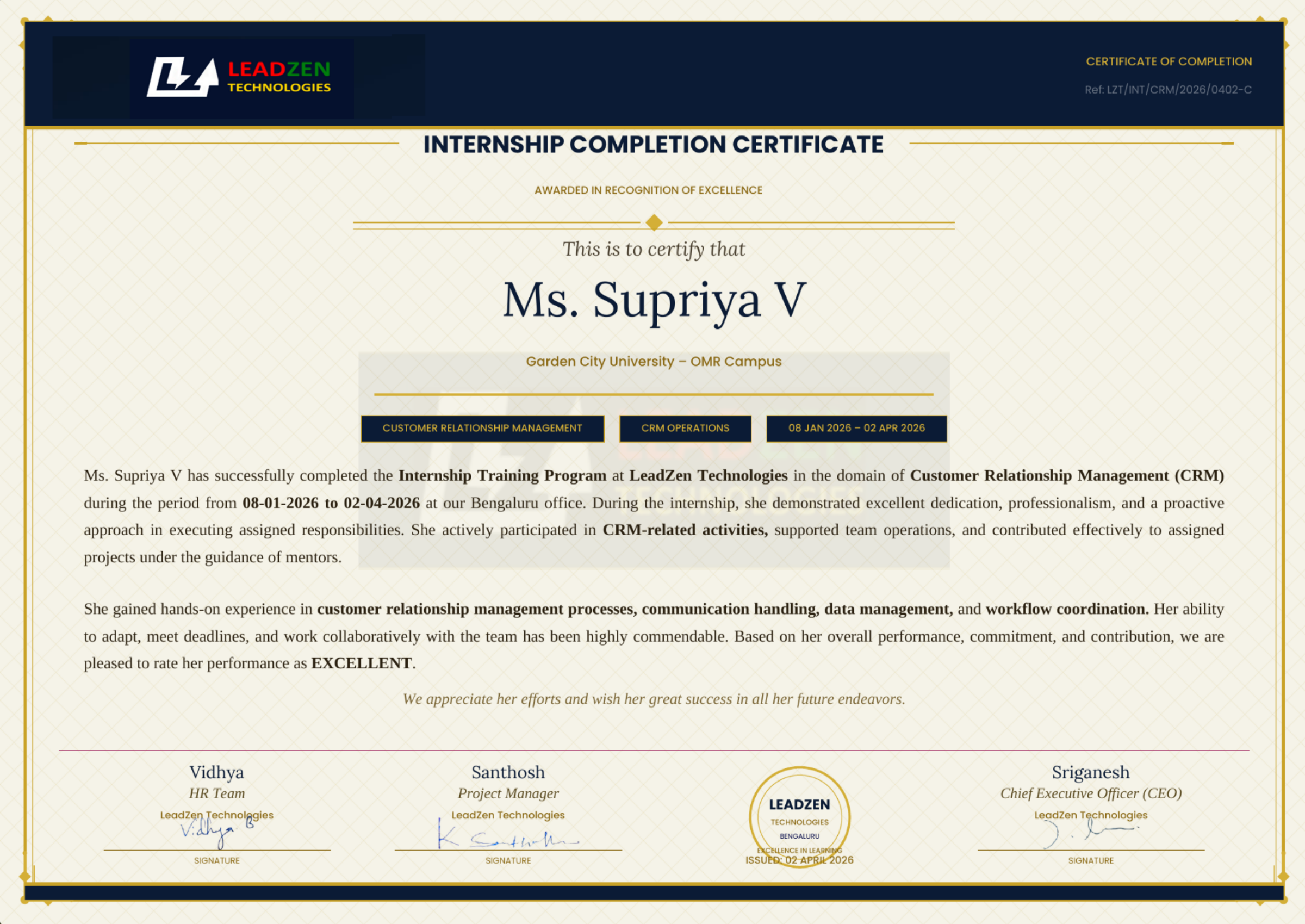 Supriya internship certificate